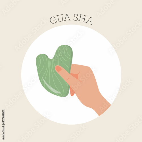 Gua Sha Jade scraping massage tool in hand. Woman holding natural green stone scraper. Facial massage. Face lifting. A circle emblem with title or round icon. Vector flat style illustration.