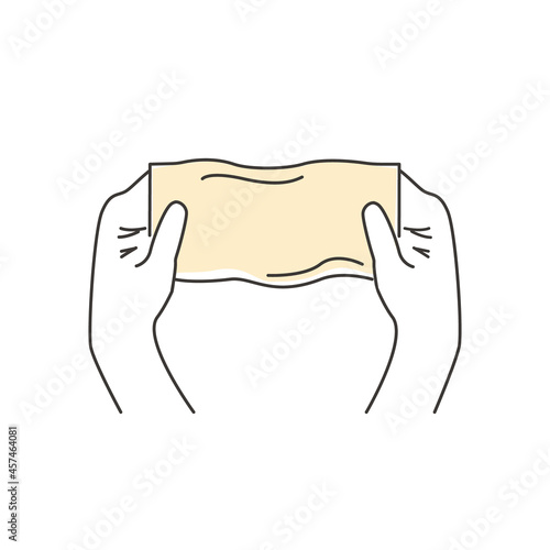Checking transparency for gluten elastic dough outline icon. Stretching batter. Homemade bakery. Making sourdough bread preparation step. Instruction for baking recipe. Hand drawn vector illustration.