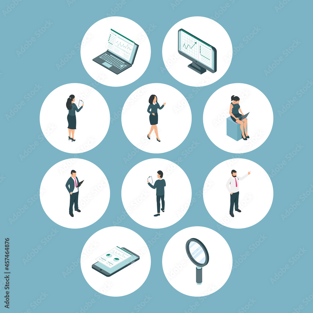 Businesspeople and analytics symbols Businesspeople and analytics symbols