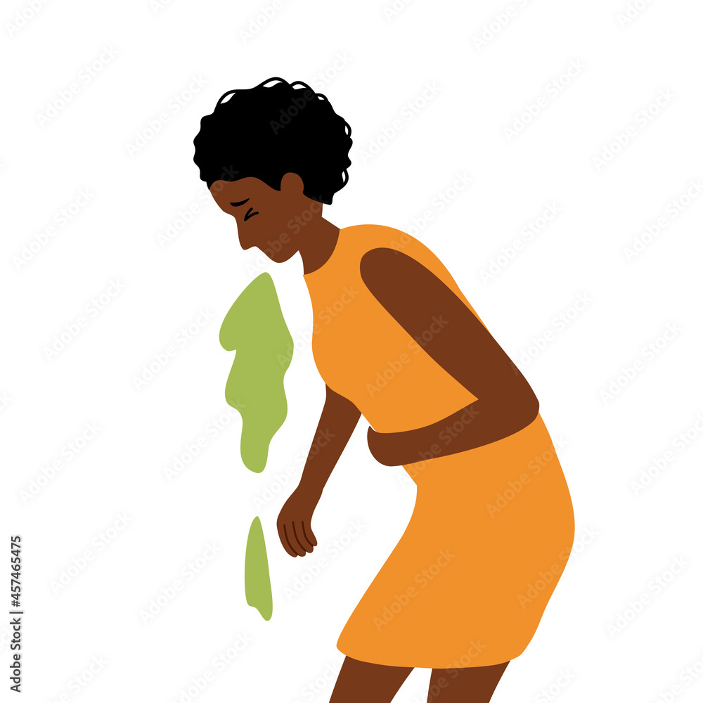 African woman suffering from vomit in flat design. Nausea throwing up