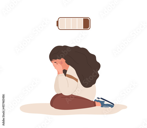 Emotional burnout. Sad teenager with low battery sitting on floor and crying. Mental health problem. Deadline, stress and fatigue concept. Vector illustration in flat cartoon style.