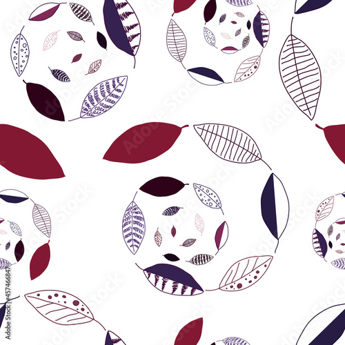 Drawing of stylized leaves, swirling with parallax, on a white background. Seamless pattern.