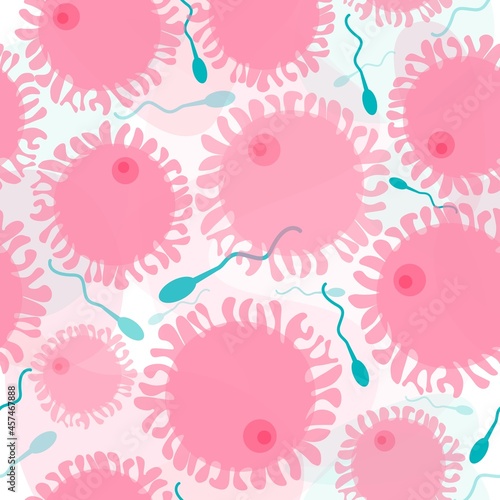 Vector illustration of IVF repeating seamless pattern. Pattern with liquid and cells. Fertilization in vitro. Help fight infertility. Interaction of cells under a microscope. Background design, fabric