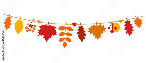 Beautiful autumn leaves hanging on a string. Fall Season Banner in flat style. Colorful seasonal garland with maple and oak leaves. Isolated on a white background. Hand drawn vector illustration. 