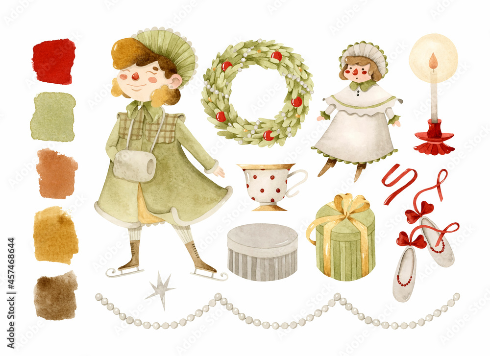 Fototapeta premium Vintage Russian Christmas girl, wreath, doll, gifts watercolor elements set with palette 