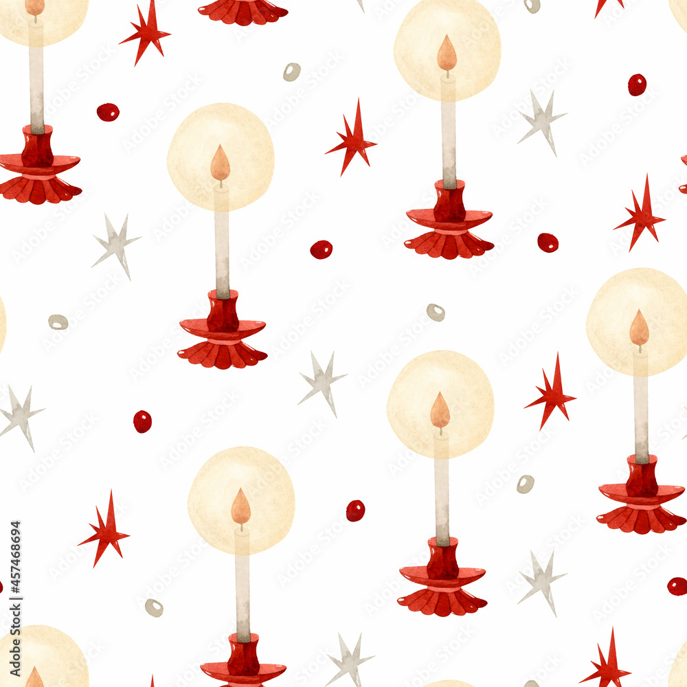 Vintage candles with stars watercolor seamless pattern	