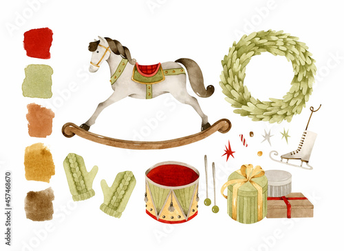 Vintage rocking horse and Christmas toys watercolor elements set clip art