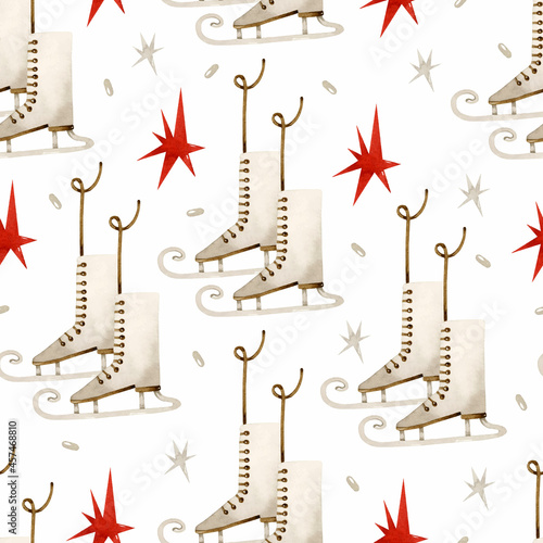 Vintage skates and red stars watercolor seamless pattern	 