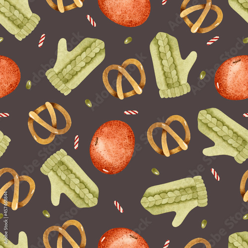 Green mittens, pretzel and mandarins watercolor seamless pattern 