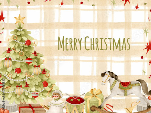 Merry Christmas vintage tree and toys watercolor background