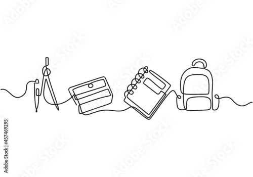 Continuous one line drawing of back to school handwritten words with note book, bag and calipers isolated on white background.