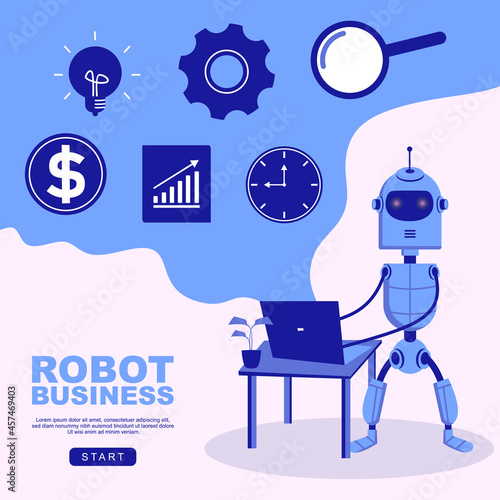 Business background with cute grey robot using laptop in scandinavian childish style isolated on white background for children toys.