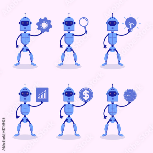 Set of six modern robot holding business element such as dollar, gear, lamp, clock, graphic, statistic isolated on white background.