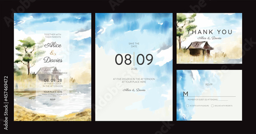 wedding invitations, watercolor mountains, forest and rivers.