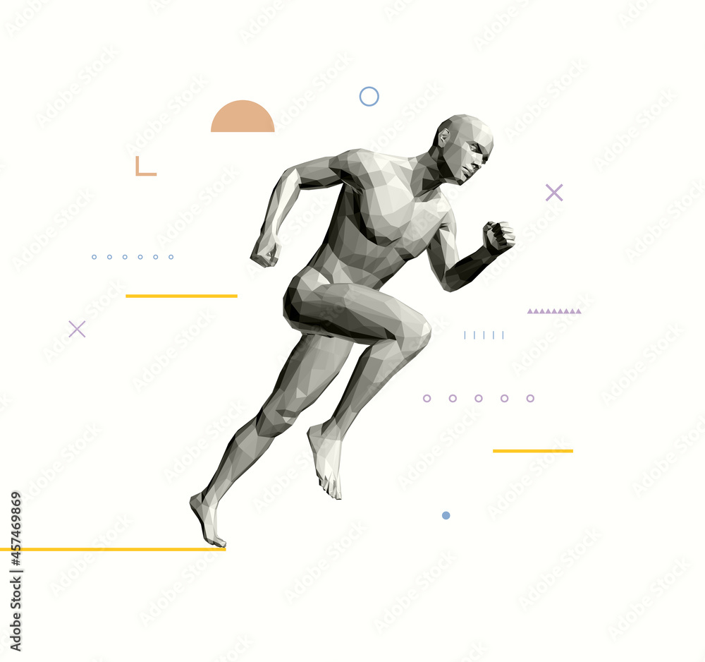 3d running man. Marathon runner. Human body model. Design for sport. 3D vector illustration.