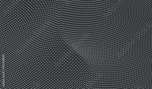 Many white triangles scattered asymmetrically in black background. Wavy pattern with dynamic effect. Cover design template. Vector illustration with optical illusion.