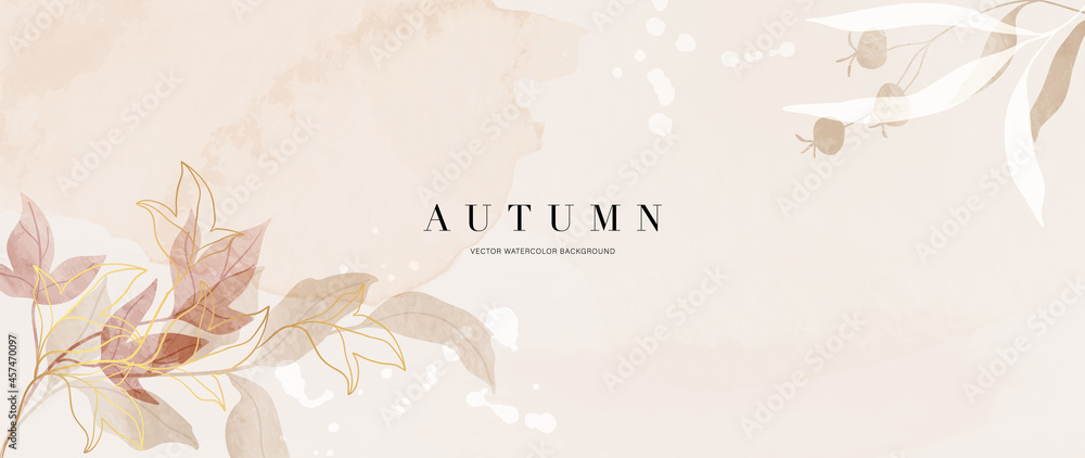 Autumn background design  with watercolor brush texture, Flower and botanical leaves watercolor hand drawing. Abstract art wallpaper design for wall arts, wedding and VIP invite card.  Vector EPS10 - obrazy, fototapety, plakaty 