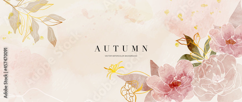 Autumn background design  with watercolor brush texture, Flower and botanical leaves watercolor hand drawing. Abstract art wallpaper design for wall arts, wedding and VIP invite card.  Vector EPS10
