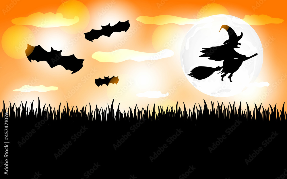 Silhouette of a witch flying on a broomstick.