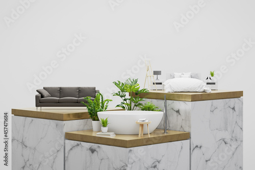 Furniture on cube step white marble podium and a metallic gold top with marble feature wall background in luxury studio scene. Modern showroom interior 3d rendering image for product display. © MIRROR IMAGE STUDIO