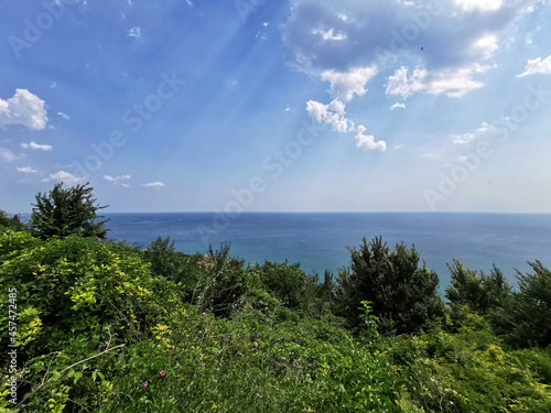 The blue sea seen from a green hill
