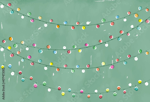 クリスマスの背景素材　緑色の背景にカラフルなイルミネーションのイラスト