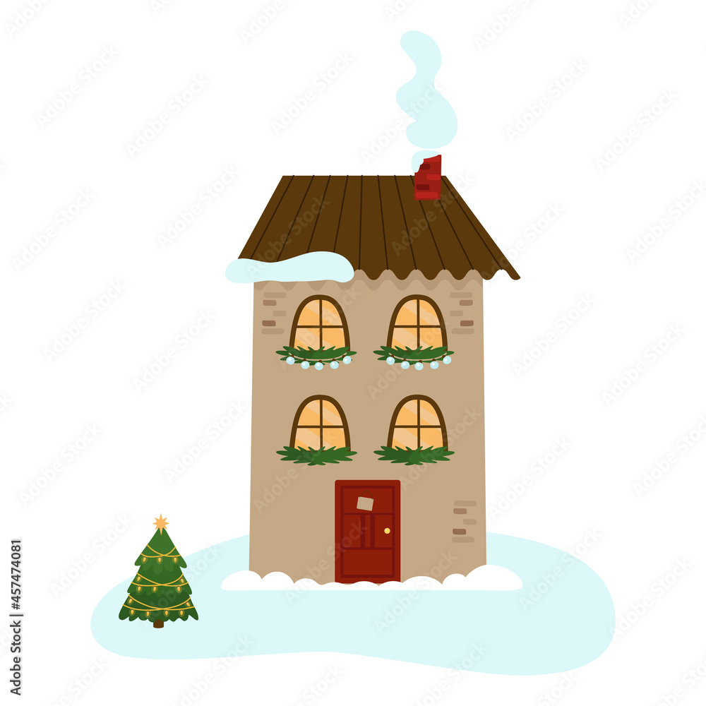 A cozy winter house with two floors, decorated with fir garlands for Christmas. A festive winter city. Vector illustration for design, decor, postcards