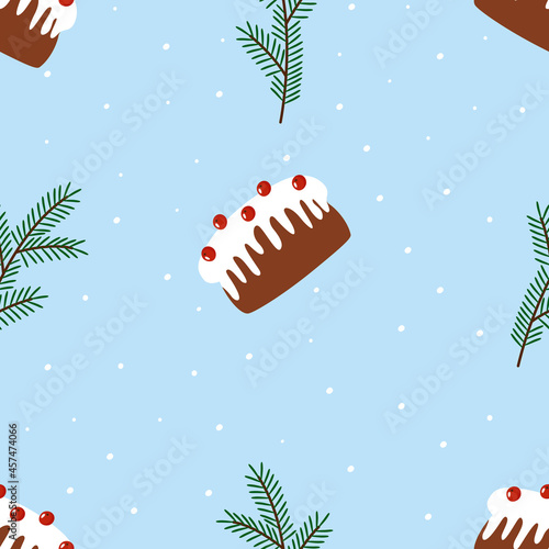 Cake with cherry berries, icing and spruce twigs. Seamless Christmas pattern. Vector winter illustration on a blue snowy background. For printing on paper, fabric, packaging, wallpaper