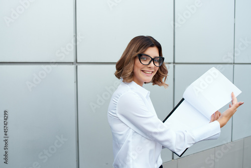 Businesswoman outside official job success work isolated background