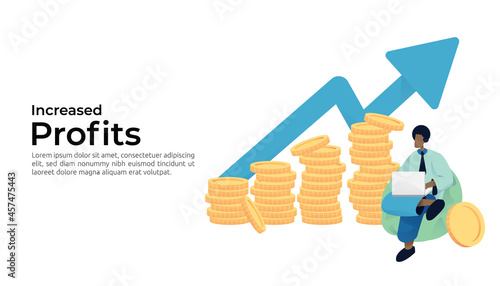 growth Investment finance illustration concept web landing with business people character look at increase arrow and money coin pile. dividend or revenue profit performance of return on investment ROI