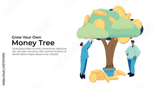 Businessman character picking gold coin from money tree. Returns on investment ROI, business management growth plant, financial success, profit revenue and income concept. Vector illustration