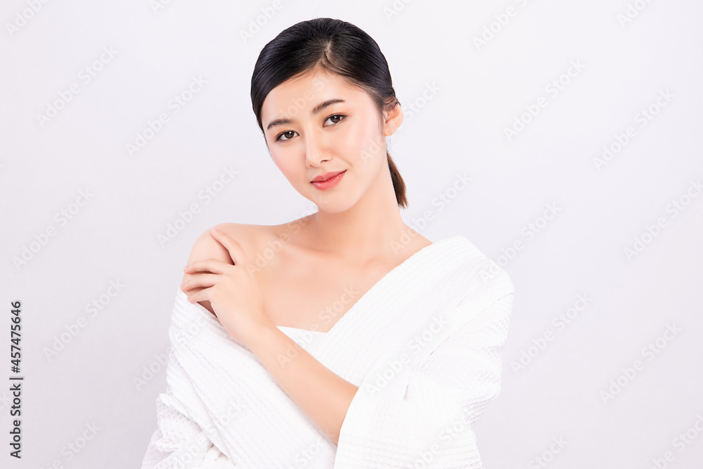 Beautiful young asian woman with clean fresh skin on white background, Face care, Facial treatment, Cosmetology, beauty and spa, Asian women portrait.