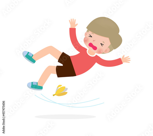 european children slipping on a banana peel vector illustration isolated on white background