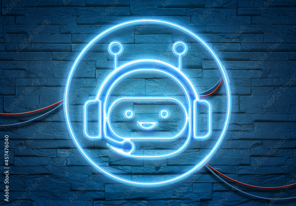 Chatbot neon icon illuminating a brick wall with blue and pink glowing light 3D rendering Chatbot neon icon illuminating a brick wall with blue and pink glowing light 3D rendering