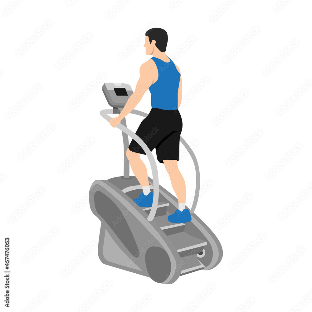 Man character doing Cardio, stair master exercise. flat vector
