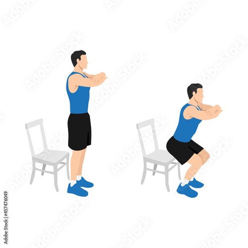 Man character doing Chair squat exercise. flat vector illustration isolated on different layers