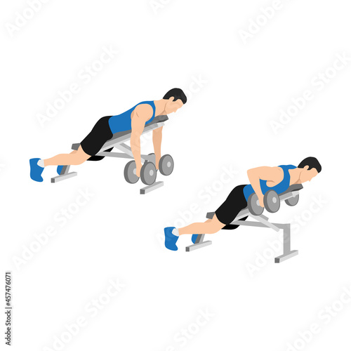 Man character doing Dumbbell incline bench rows exercise. flat vector illustration isolated on different layers