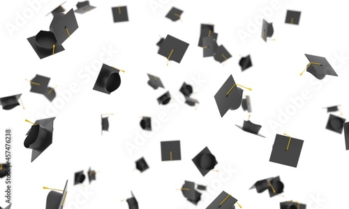 3d Graduation cap background. University hats falling on white background. Academic education concept. Bachelor's degree symbol
