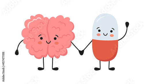 Healthy brain character and happy smiling medicine pill characters hold hands. Kawaii capsule and cute brain characters. Drug therapy. Vector isolated illustration on white background.