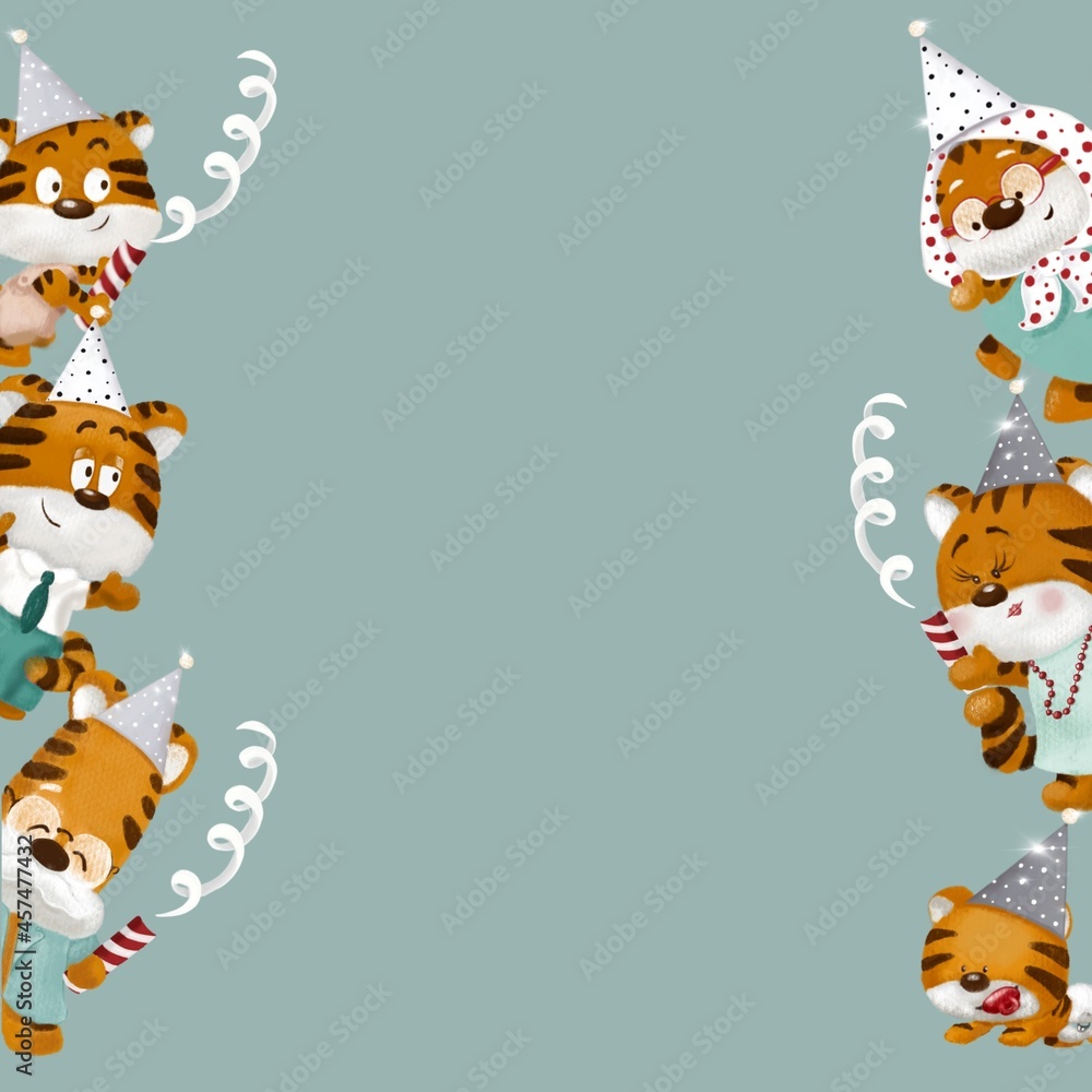 Obraz premium Tiger family in the party cone hat with firecrackers. Christmas mock-up. Merry Christmas and Happy New year. Family holidays all together. Chinese tiger. Green background with copy space.