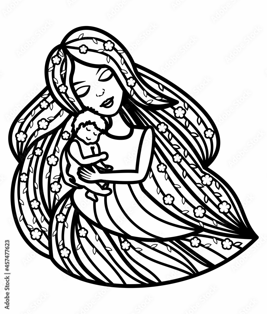 Vector illustration of mother and child. Mother's day card. The baby is in mom's arms. The joy of motherhood. Vector illustration of mother and child. Mother's day card. The baby is in mom's arms. The joy of motherhood.