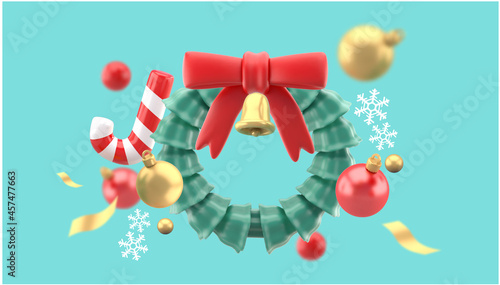 Christmas wreath surrounded by candy cave, glass balls and gift boxes on a blue background.Design for christmas illustration.