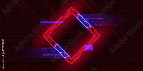 Futuristic cyberpunk style rhombus with glitch effect. Rhombus with red cyberpunk elements and blue hud neon hologram effect. Good for design banners, electronic music events, game titles. photo