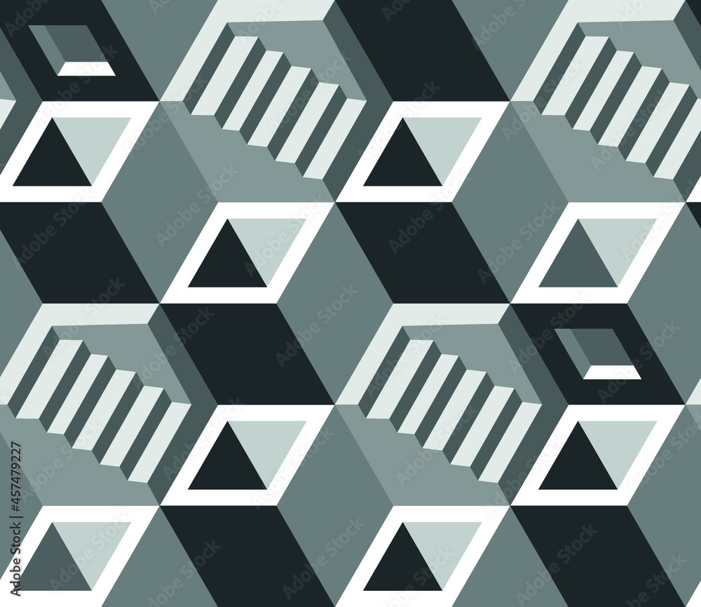 Geometric seamless pattern with the image of buildings, cities, boxes. Vector design for posters, paper, wallpapers, fabrics, cards. Isometry. Geometric seamless pattern with the image of buildings, cities, boxes. Vector design for posters, paper, wallpapers, fabrics, cards. Isometry.