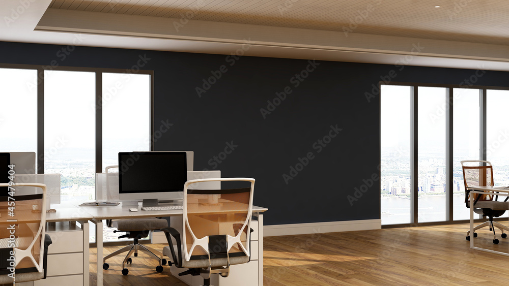 office area with blank wall 3d design interior for company wall logo mockup