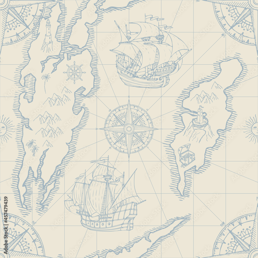 Vector hand-drawn seamless pattern on the theme of travel, adventure and discovery. Old map background with islands, pirate frigates, vintage sailing yachts and wind roses in retro style