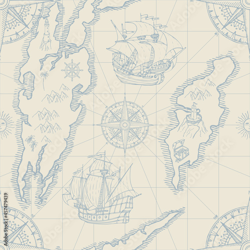 Vector hand-drawn seamless pattern on the theme of travel, adventure and discovery. Old map background with islands, pirate frigates, vintage sailing yachts and wind roses in retro style