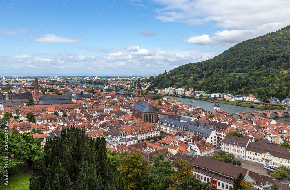 Heidelberg, Germany. View of the historic center from the mountain: Market Square, Old Bridge (Karl Theodor Bridge)