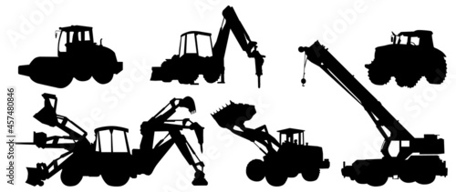 Backhoe excavator Logo element vector set. Excavator heavy equipment silhouette vector for construction company.