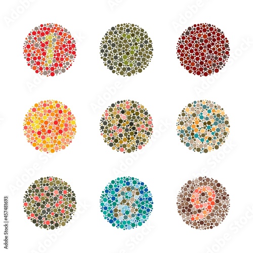 Vector graphic of color blind test number. Ishihara Test daltonism color blindness disease perception test number blindness test set.